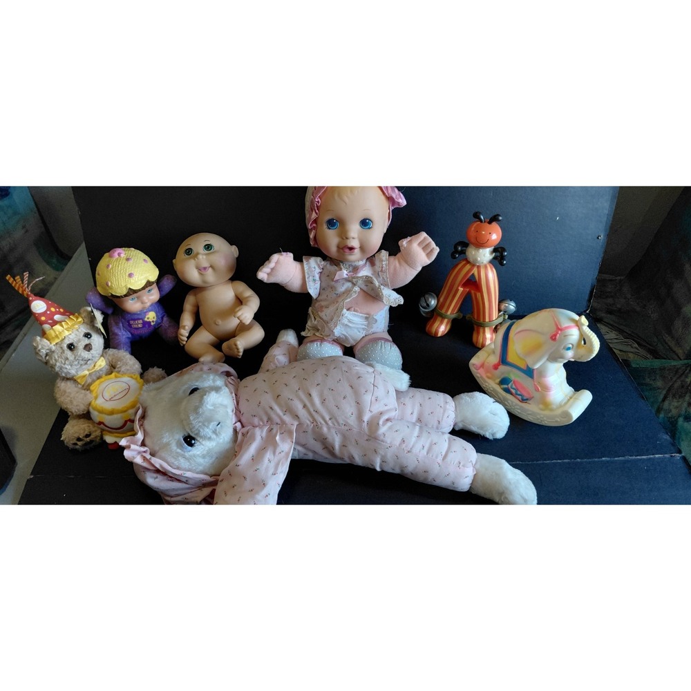Vintage Toy Lot Collection Variety Mixed Toys Plush Baby Dolls Old Rare Pieces.